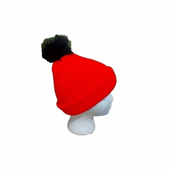 Hand Knit Neon Orange Beanie with Faux Fur Pom Pom - Picture 3 of 6